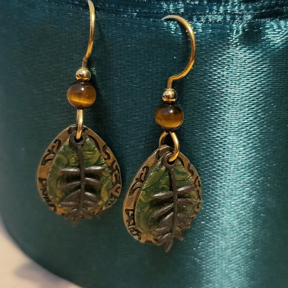 Stunning Green and Bronze Leaf Earrings